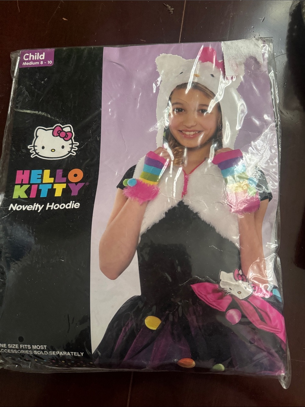 Hello Kitty White & Pink Fuzzy Hoodie Costume with Rainbow Wrist Warmers